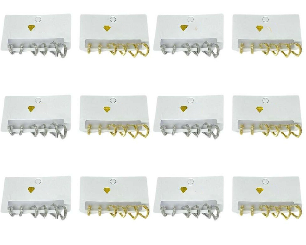 SET SILVER/GOLD HEART SHAPE HOOP EARRING WITH RHINESTONES- Set of 12