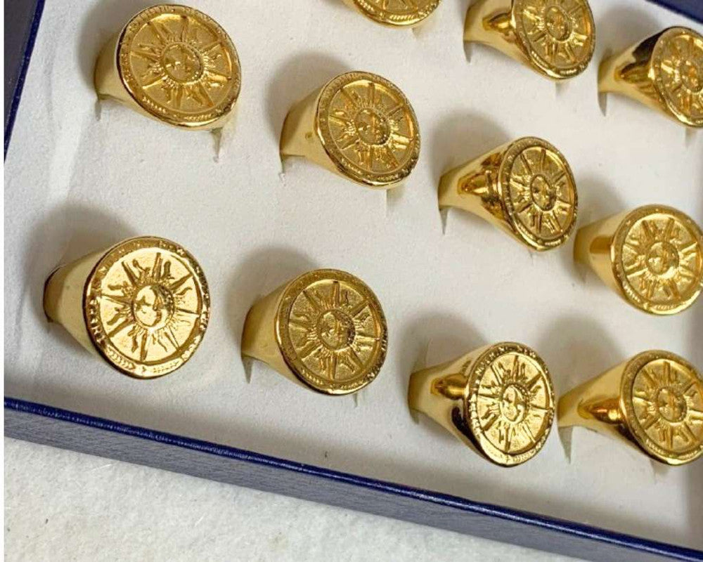 GOLDEN STAINLESS STEEL SUN AND MOON ROUND RING – Set of 12