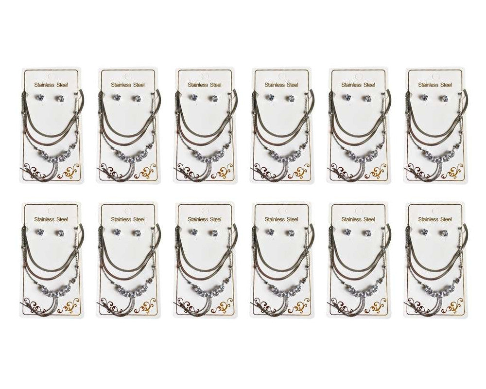 SET SILVER EARRINGS AND NECKLACE ZIRCONIA STONE- Set of 12