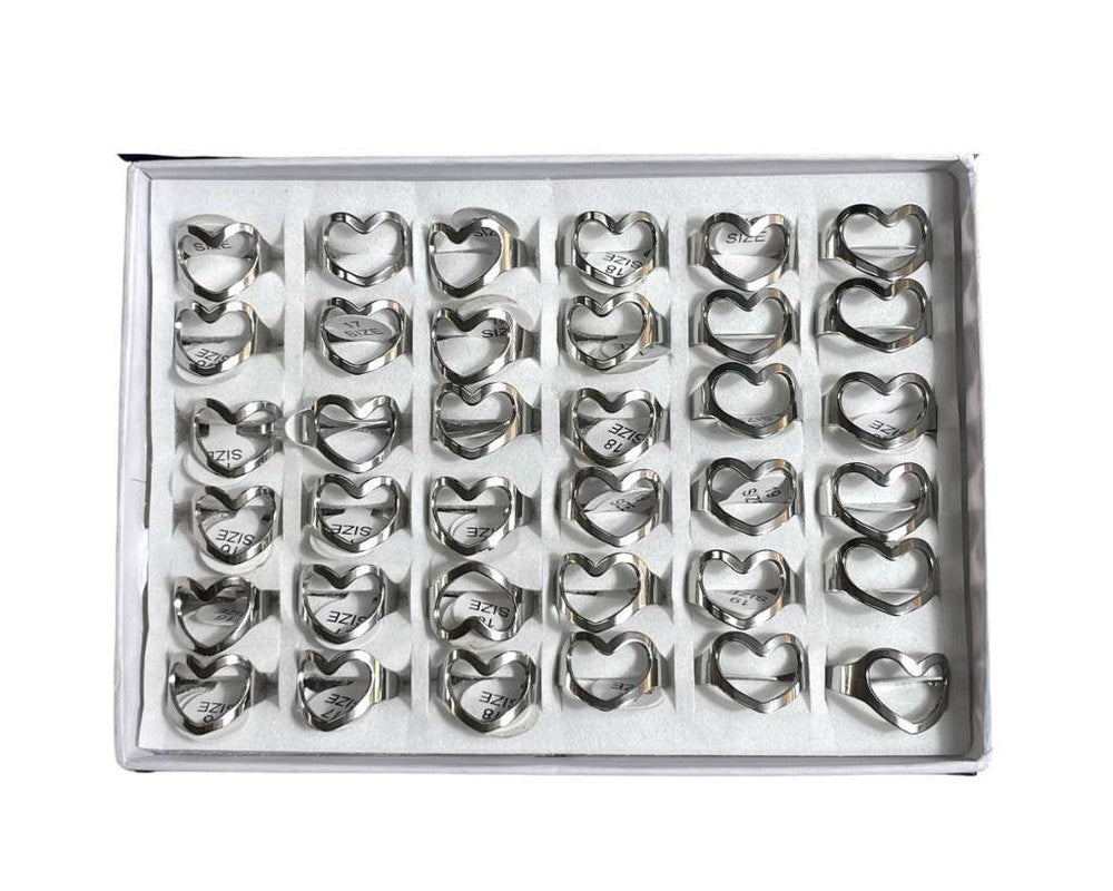 SILVER STAINLESS STEEL RING LARGE HEART- Set of 36