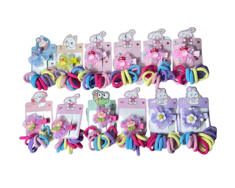 SET FLOWER CLIP WITH COLORED ELASTICS- Set of 12