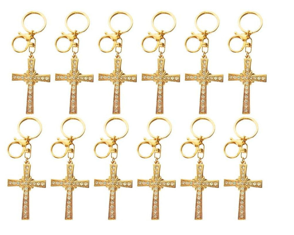 GOLDEN KEYCHAIN CROSS WITH RHINESTONES –Set of 12