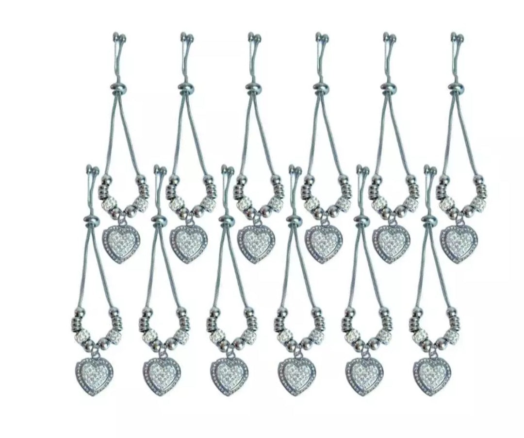 STAINLESS STEEL BRACELET CHARM W/ RHINESTONES HEART PENDANT - Set of 12