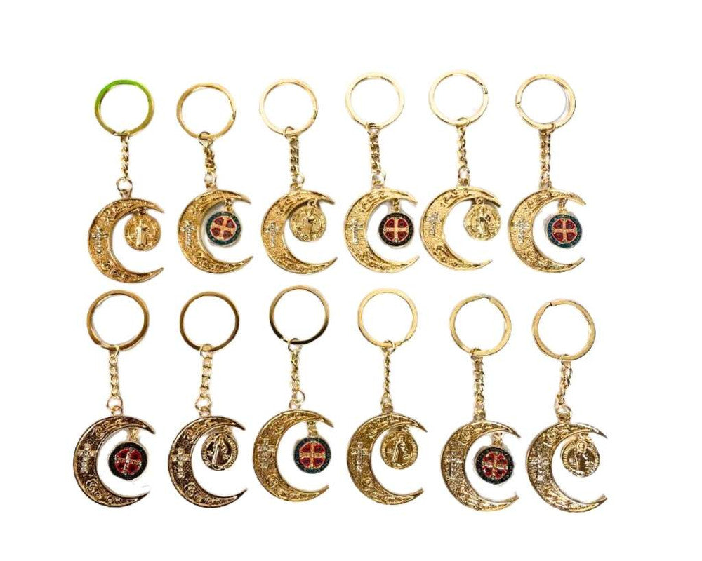 GOLDEN KEYCHAIN MOON WITH SAINT BENEDICT MEDAL-Set of 12
