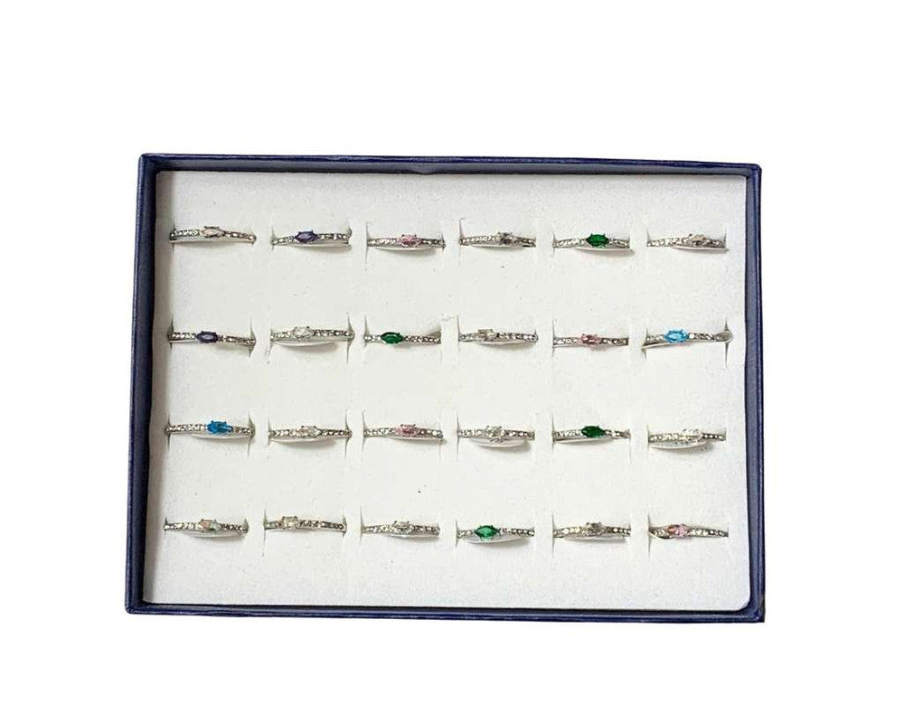 SILVER STAINLESS STEEL THIN RING WITH COLORED STONE RHINESTONES – Set of 24