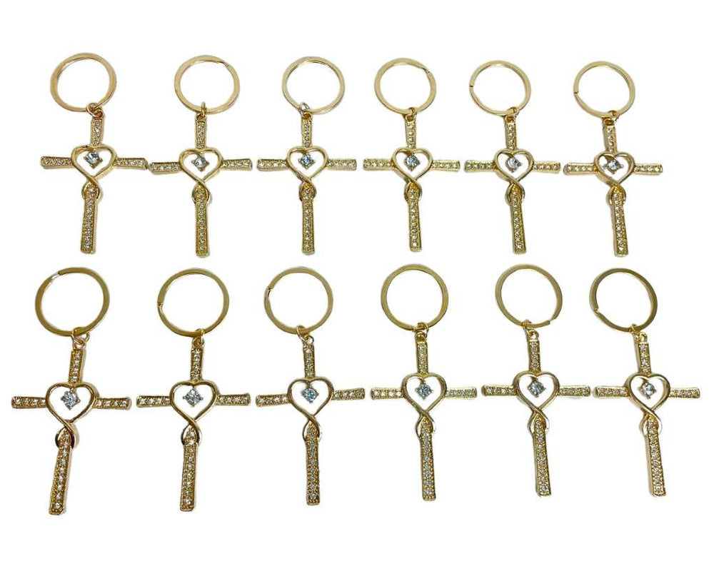 GOLDEN CROSS WITH HEART DESIGN KEYCHAIN – Set of 12