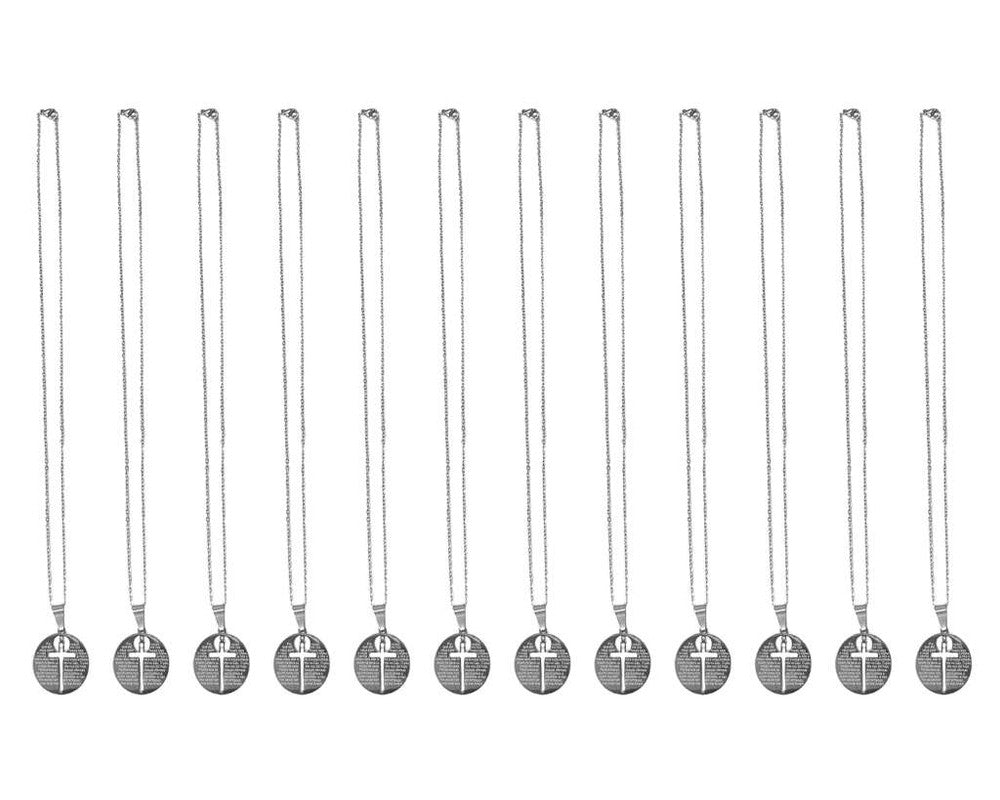 SILVER CIRCLE NECKLACE WITH CROSS AND (ORAÇAO/PRAYER) – Set of 12
