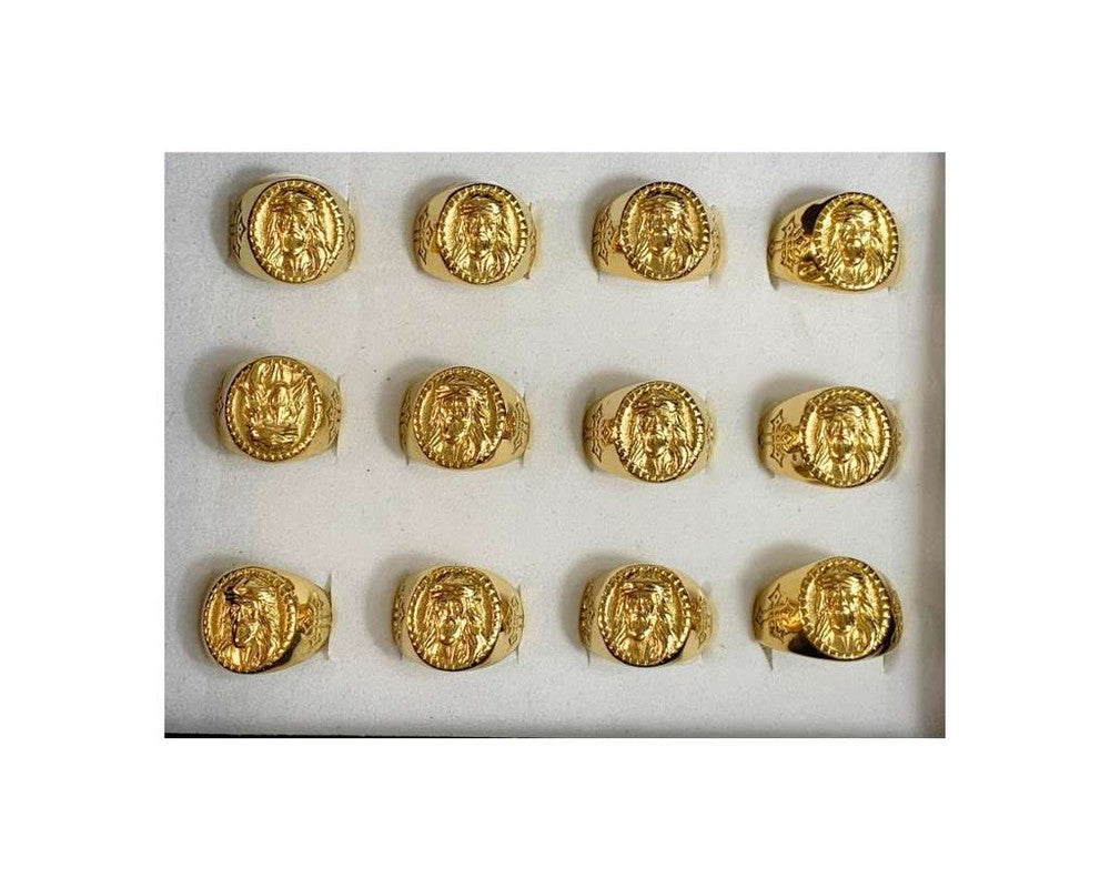 GOLDEN STAINLESS STEEL JESUS OVAL RING-Set of 12