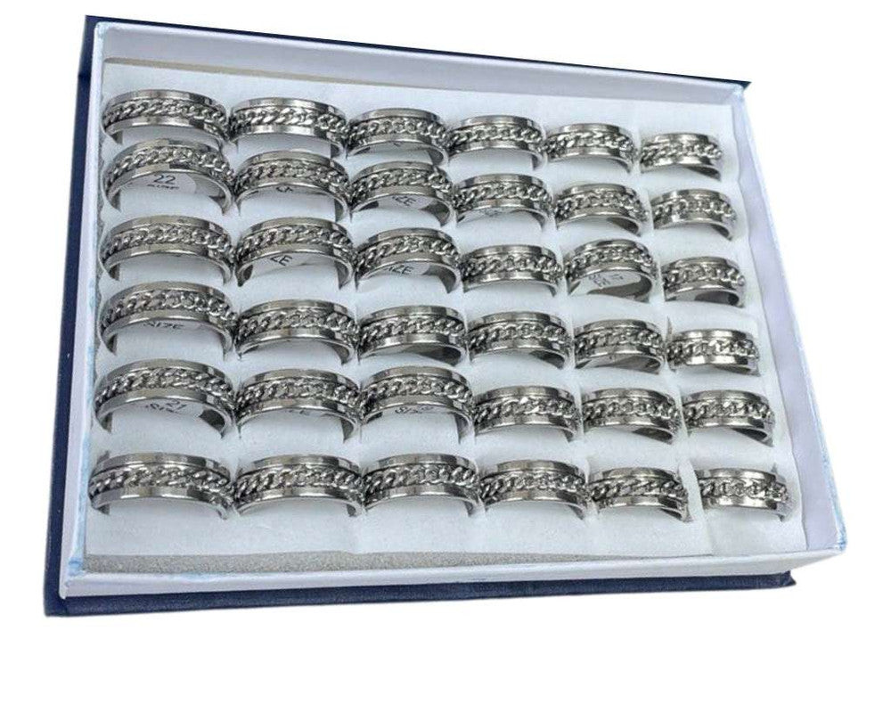 SILVER STAINLESS STEEL RING WITH CHAIN 8MM– Set of 36