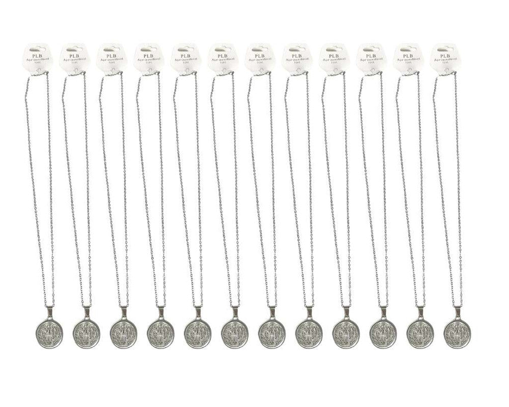 SILVER NECKLACE SAINT BENEDICT MEDAL WITH RELIEF – Set of 12