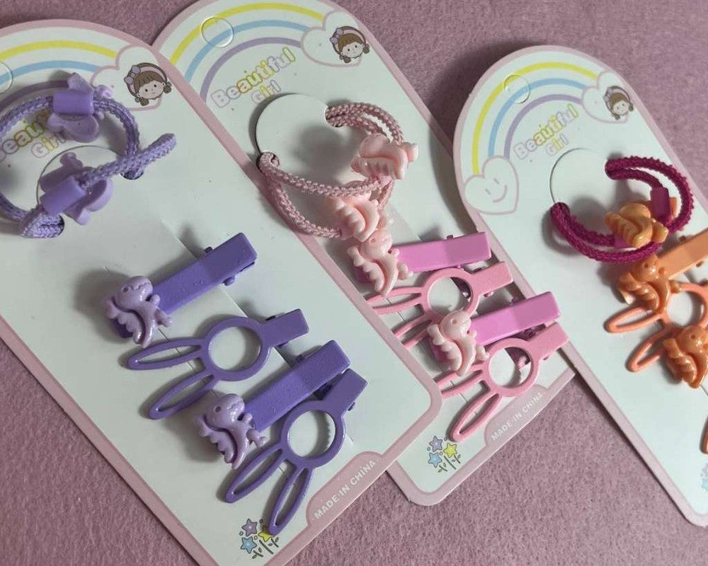 KIDS COLORED HAIR ACCESSORIES DINOSAUR CLIP AND ELASTIC - Set of 12