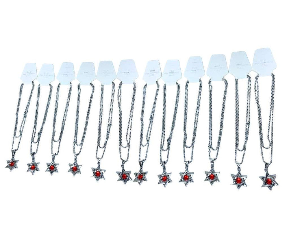 SILVER STAINLESS STEEL STAR OF DAVID WITH RED ROCK – Set of 12