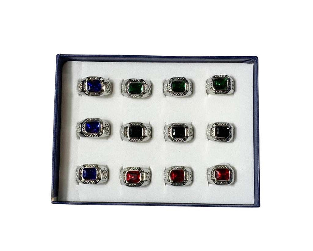 SILVER STAINLESS STEEL RING WITH COLORED STONE WITH TEXTURES – Set of 12