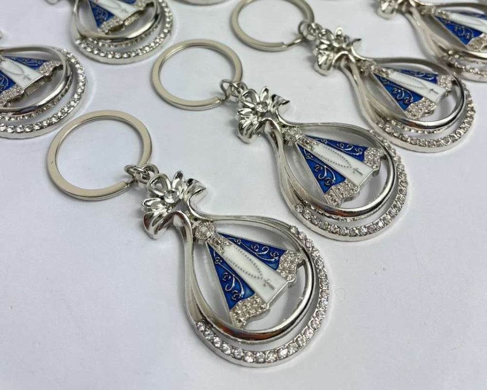 SILVER KEYCHAIN OUR LADY APPARITION LACE WITH RHINESTONES- Set of 12