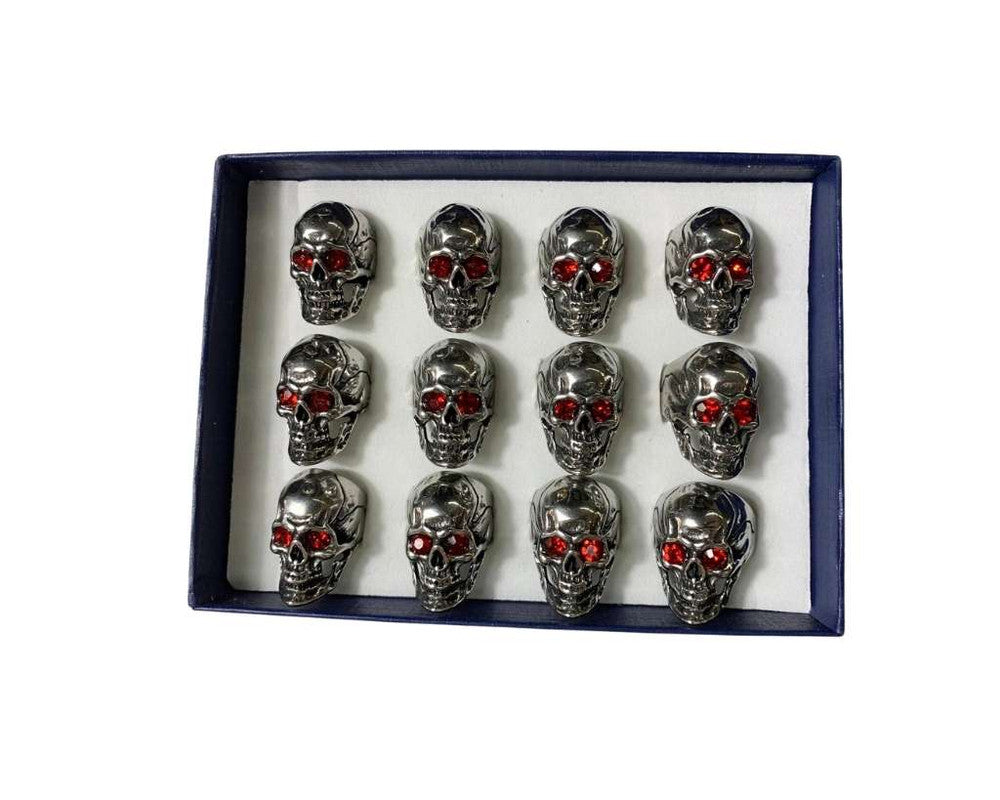 RED EYES SILVER SKULL STAINLESS STEEL RING WITH DETAILS – Set of 12