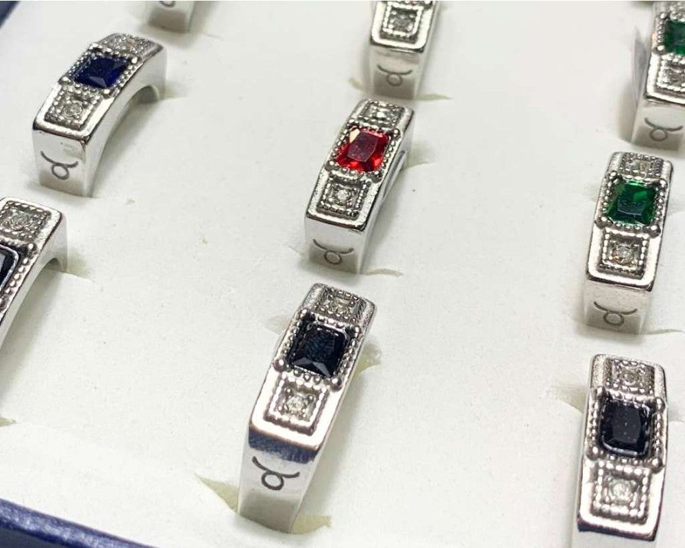 SILVER  STAINLESS STEEL RING SQUARE COLORED SIGN TAURUS  – Set of 12