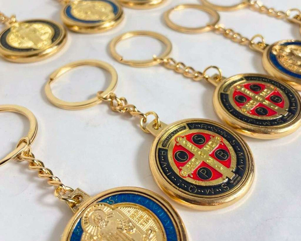 GOLDEN KEYCHAIN SAINT BENEDICT MEDAL BLACK OR SKY BLUE- Set of 12