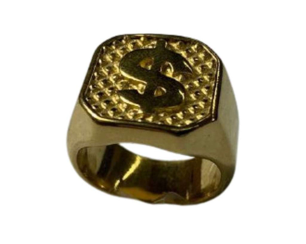 GOLDEN STAINLESS STEEL RING DOLLAR SIGN WITH TEXTURE – Set of  12