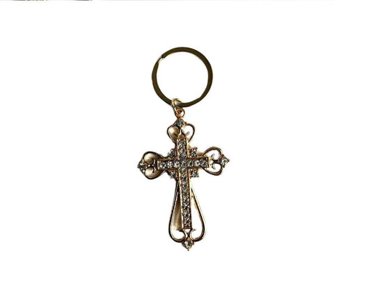 GOLDEN CROSS KEYCHAIN WITH RHINESTONES – Set of 12