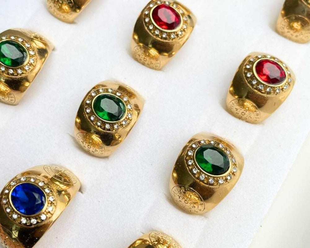 GOLDEN STAINLESS STEEL RING WITH SAINT BENTO STONES – Set of  12