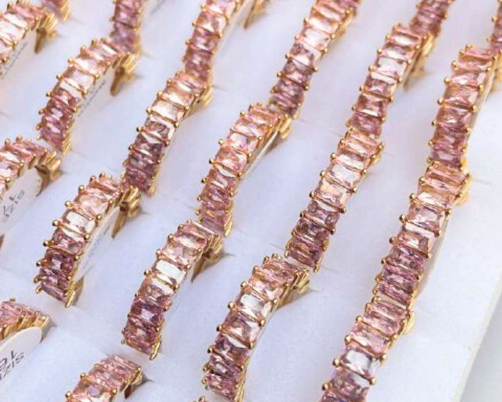 PREMIUM GOLDEN  STAINLESS STEEL RING  PINK STONES – Set of  36