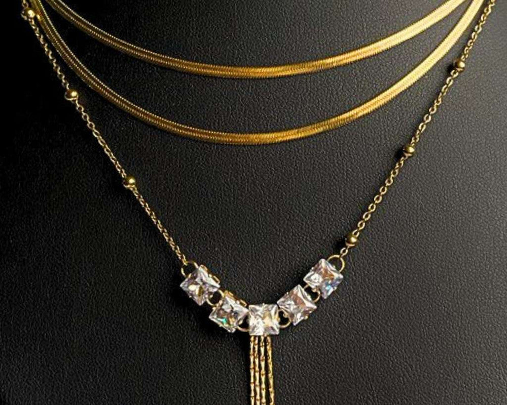 SET GOLDEN NECKLACE AND EARRING WITH ZIRCONIA STONE- Set of 12