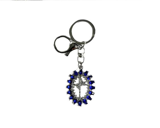 SILVER STAINLESS STEEL KEYCHAIN (FAITH/ FE)WITH BLUE ROCKS- Set of 12