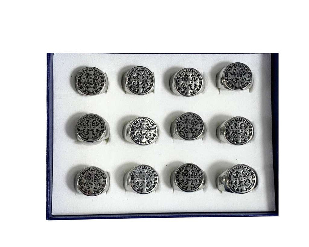 SILVER STAINLESS STEEL RING SAINT BENEDICT MEDAL – Set of 12