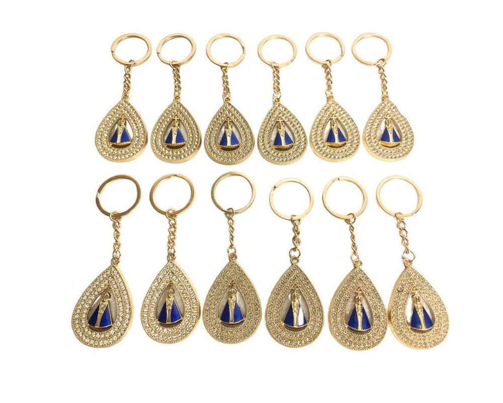 GOLDEN KEYCHAIN OUR LADY APPARITIONS DROP  WITH RHINESTONES PEARLLED BACKGROUND-Set of 12