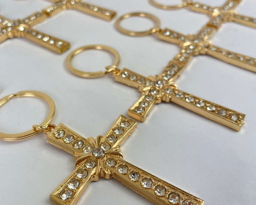 GOLDEN KEYCHAIN CROSS WITH RHINESTONES-Set of 12