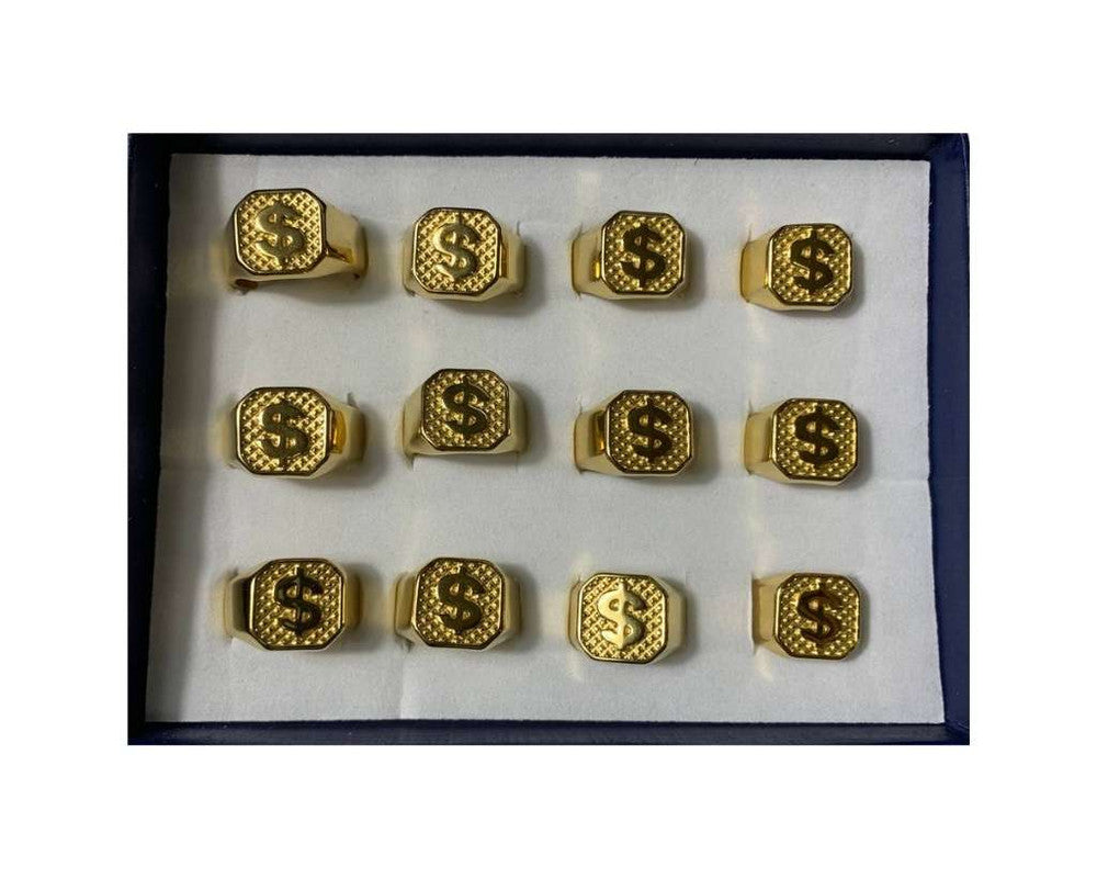 GOLDEN STAINLESS STEEL RING DOLLAR SIGN WITH TEXTURE – Set of  12