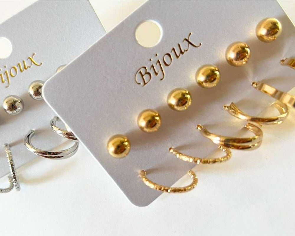 SET GOLDEN/SILVER EARRINGS SOLID BALL  AND HOOP- Set of 12