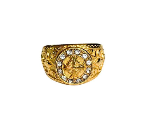 GOLDEN STAINLESS STEEL ROUND CROSS RING WITH RHINESTONES -Set of 12