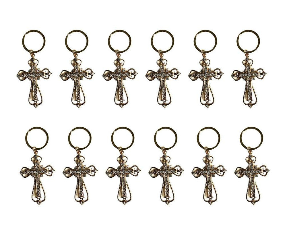 GOLDEN CROSS KEYCHAIN WITH RHINESTONES – Set of 12