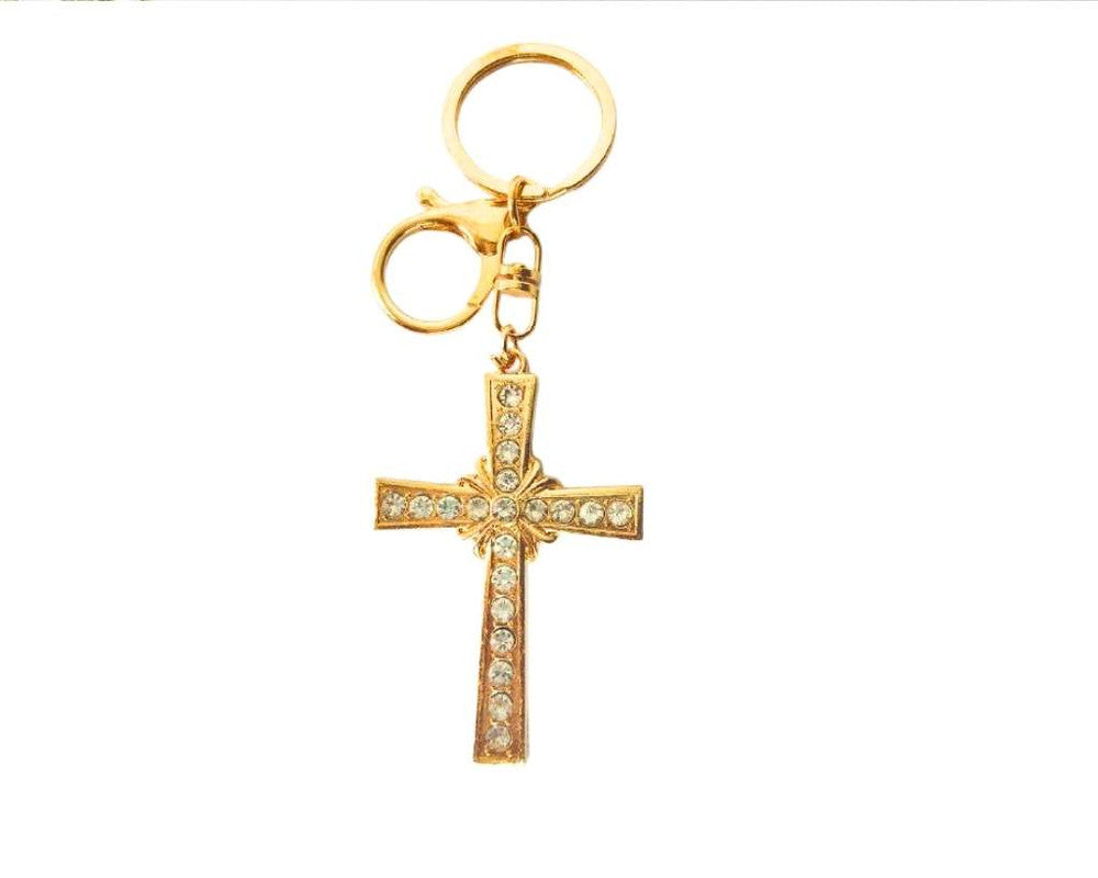 GOLDEN KEYCHAIN CROSS WITH RHINESTONES –Set of  12