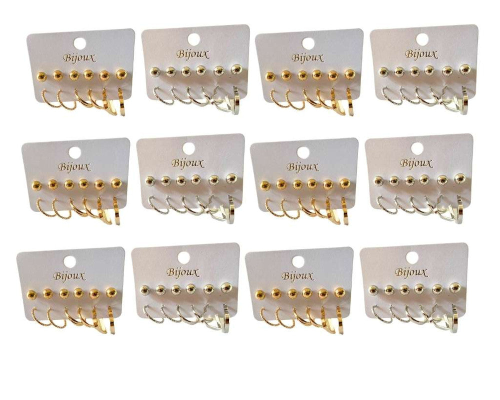 SET GOLDEN/SILVER EARRINGS SOLID BALL  AND HOOP- Set of 12