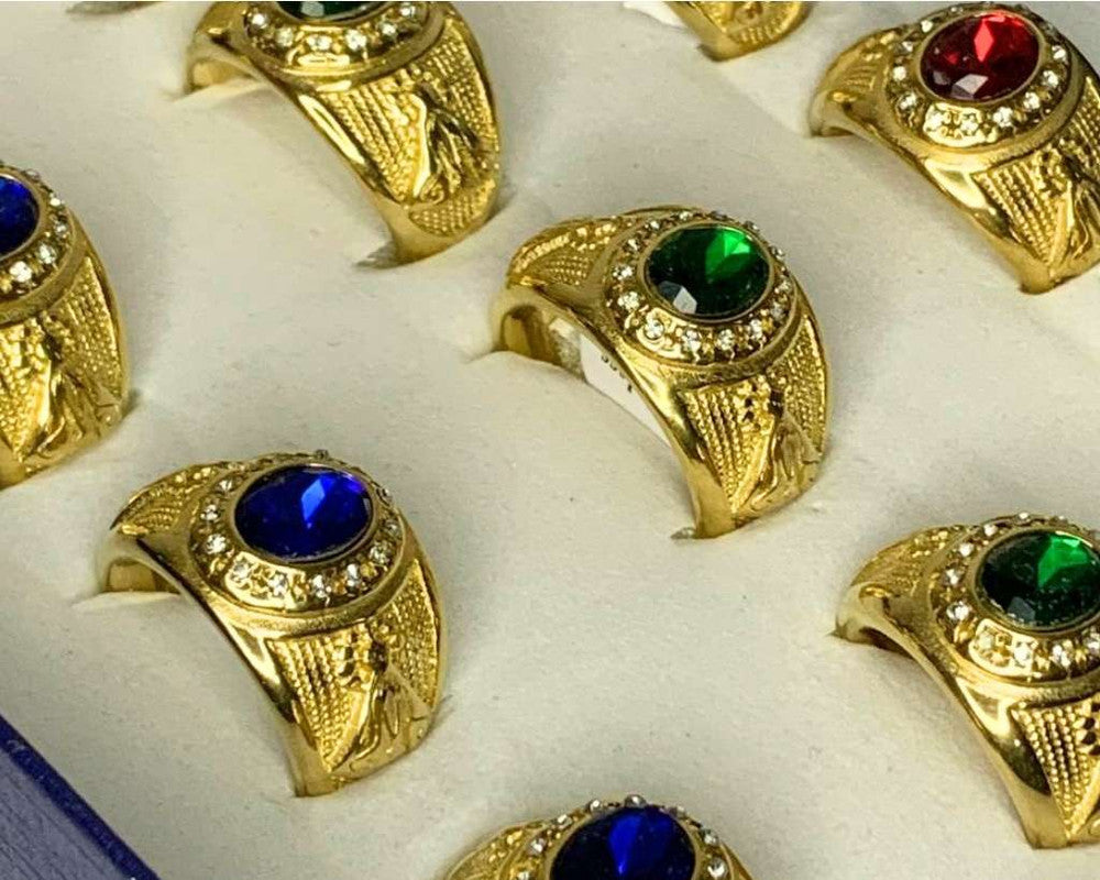 GOLDEN STAINLESS STEEL RING WITH COLORED OUR LADY of APARECIDA STONE- Set of 12