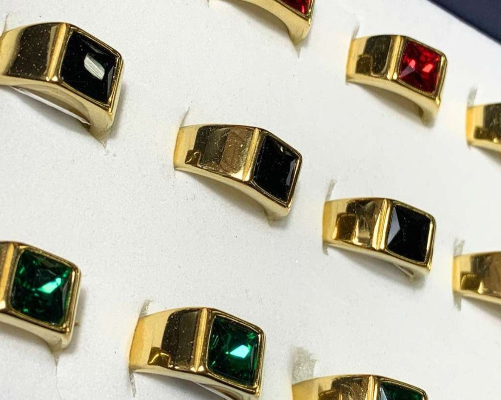 GOLDEN STAINLESS STEEL RING WITH SQUARE COLORED STONE -Set of 12