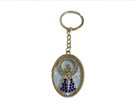 GOLDEN CIRCLE KEYCHAIN WITH O. LADY APPARITIONS  RHINESTONES- Set of 12