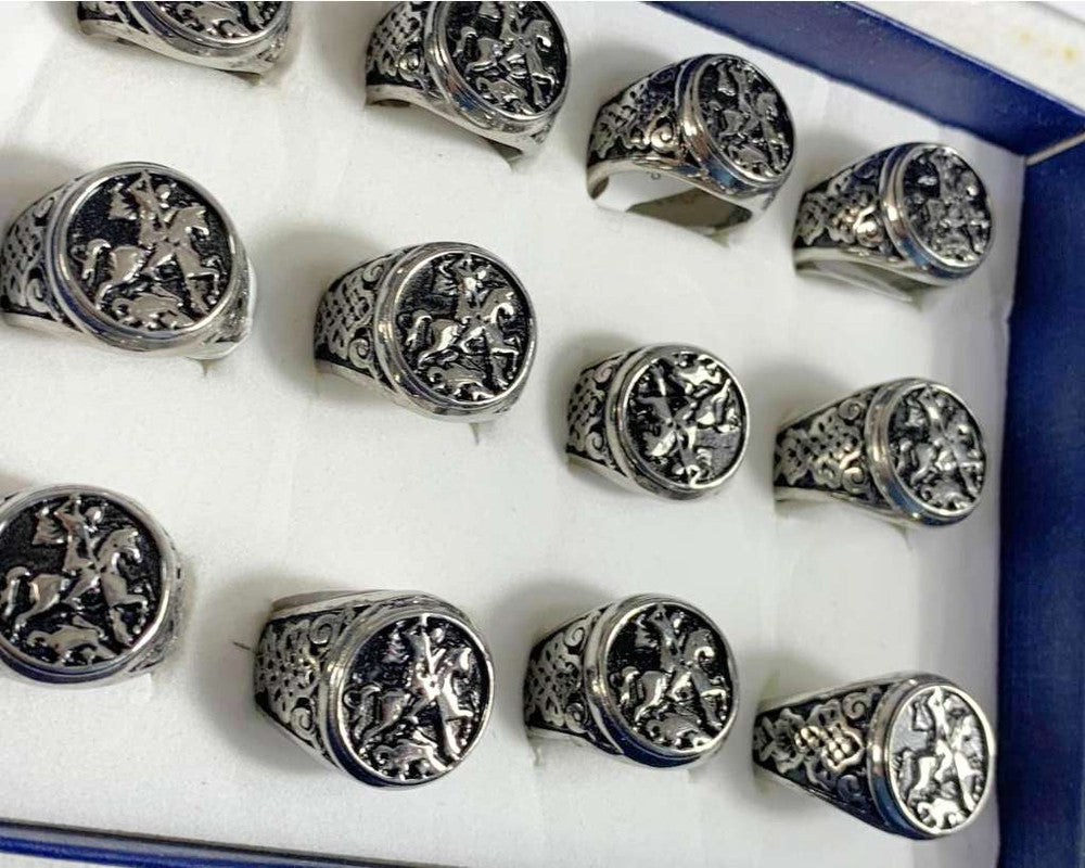 SILVER STAINLESS STEEL RING SAINT JORGE  WITH BLACK BACKGROUND – Set of 12