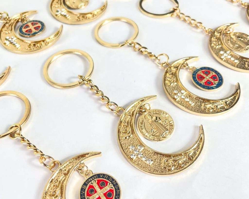 GOLDEN KEYCHAIN MOON  WITH SAINT BENEDICT MEDAL-Set of 12