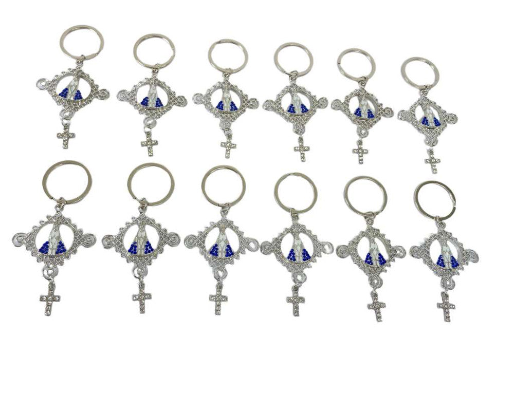 SILVER KEYCHAIN O. LADY APPARITIONS WITH CROSS- Set of 12