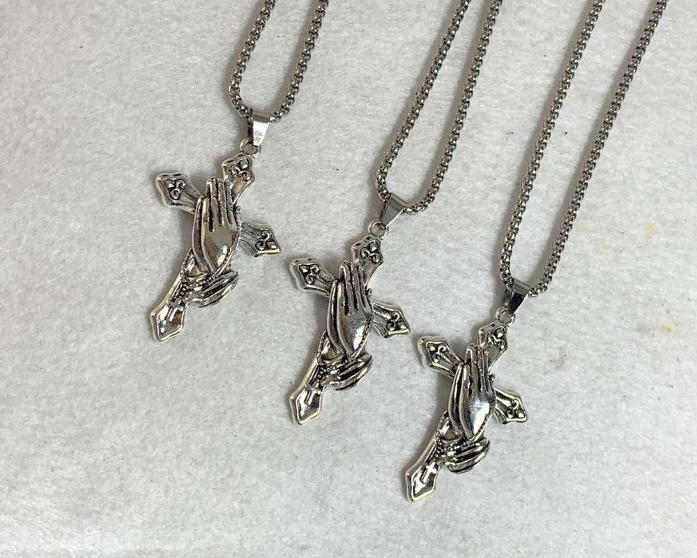 SILVER STAINLESS STEEL NECKLACE CROSS WITH HANDS– Set of  12