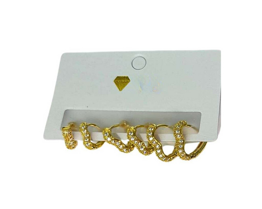 SET SILVER/GOLD HEART SHAPE HOOP EARRING WITH 2 LINES RHINESTONES- Set of 12