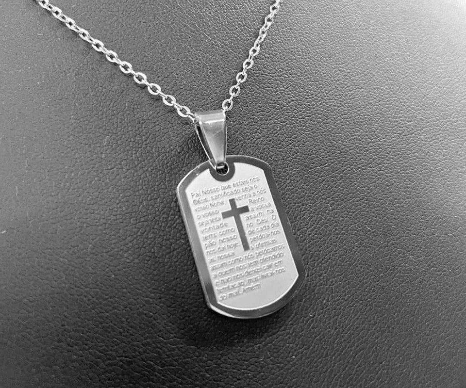 SILVER CURVED RECTANGULE (ORAÇÃO/PRAYER) NECKLACE WITH CROSS- Set of 12