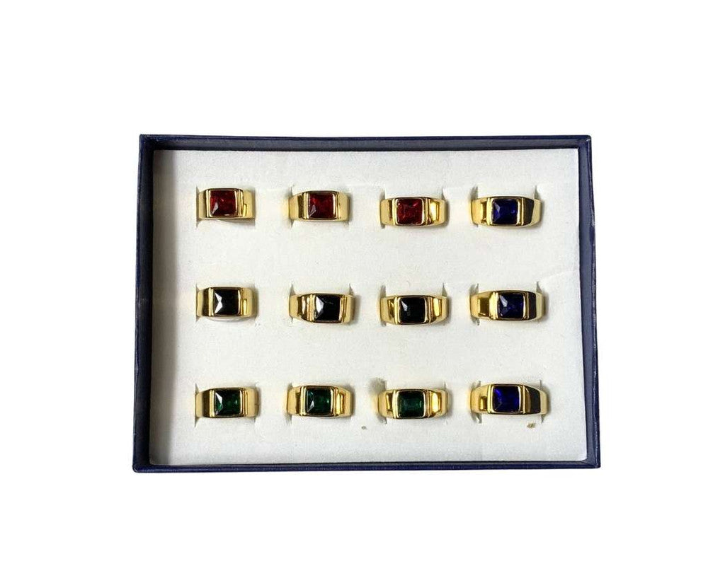 GOLDEN STAINLESS STEEL RING WITH SQUARE COLORED STONE -Set of 12