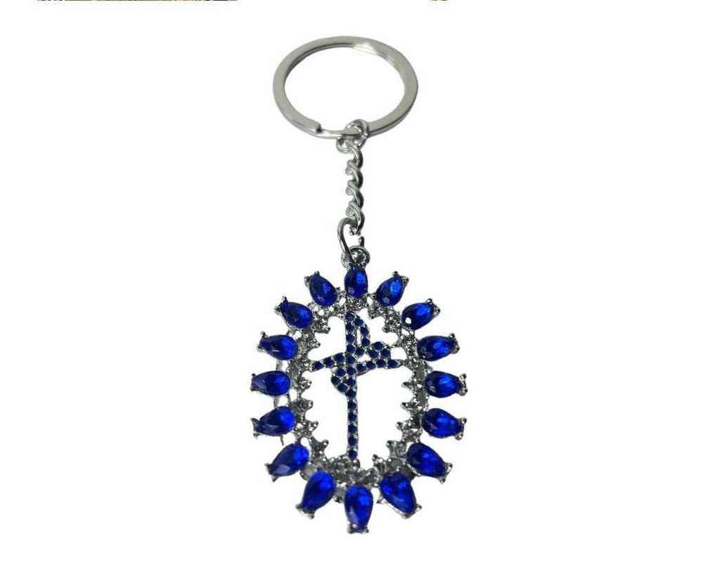 SILVER KEYCHAIN (FAITH/FÉ) WITH BLUE STONES – 12