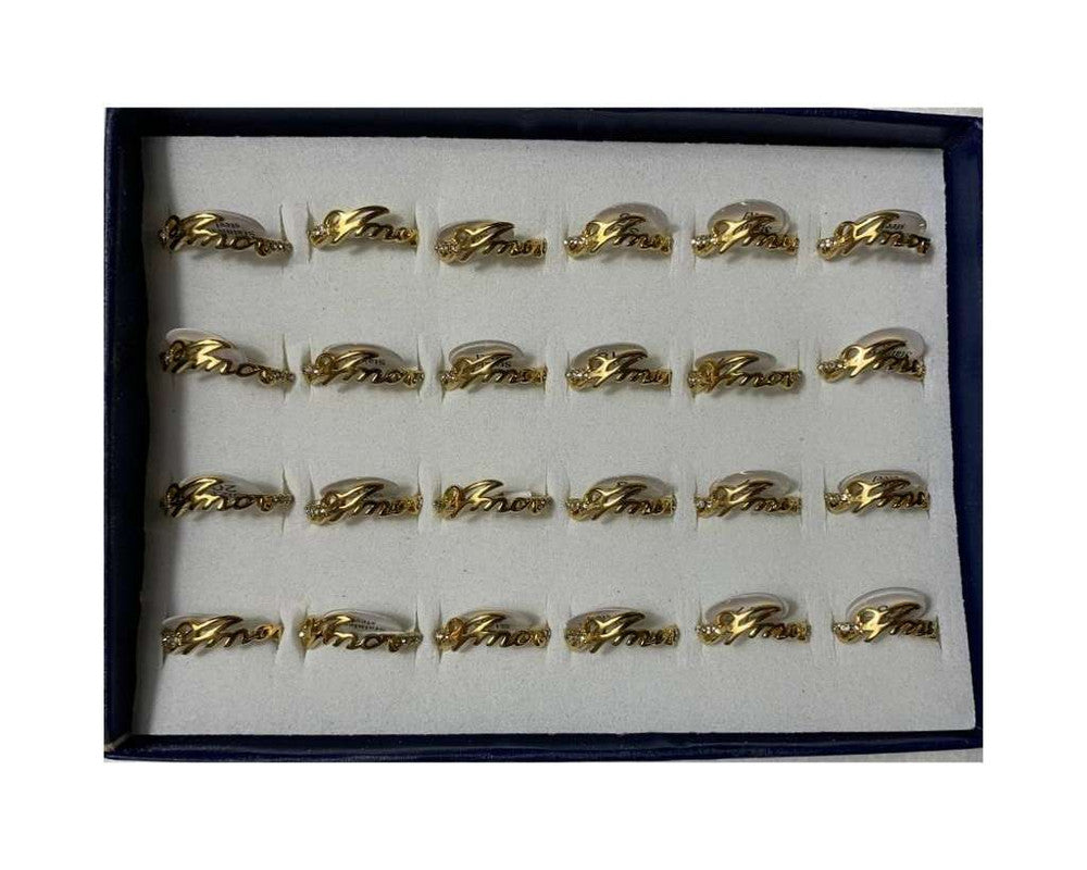 GOLDEN STAINLESS STEEL LOVE  RING WITH ROCKS – Set of 24