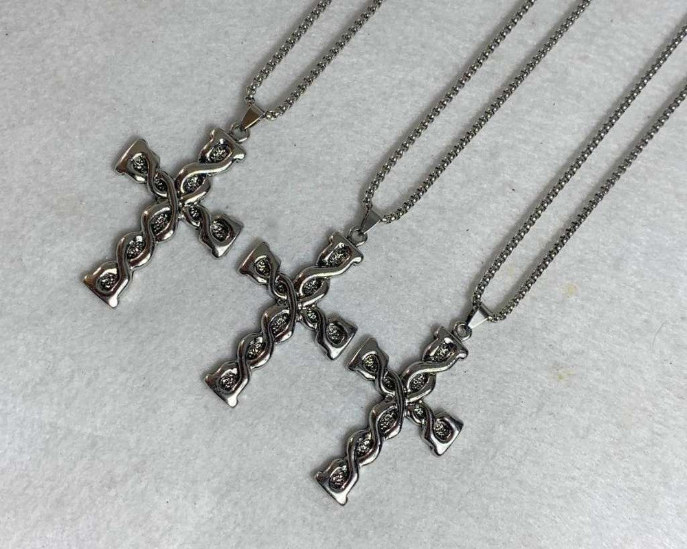 SILVER STAINLESS STEEL NECKLACE CROSS – Set of 12