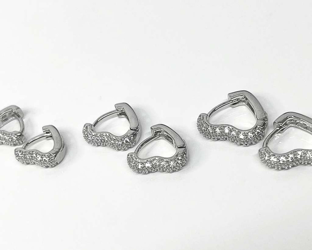 SET SILVER/GOLD HEART SHAPE HOOP EARRING WITH 2 LINES RHINESTONES- Set of 12